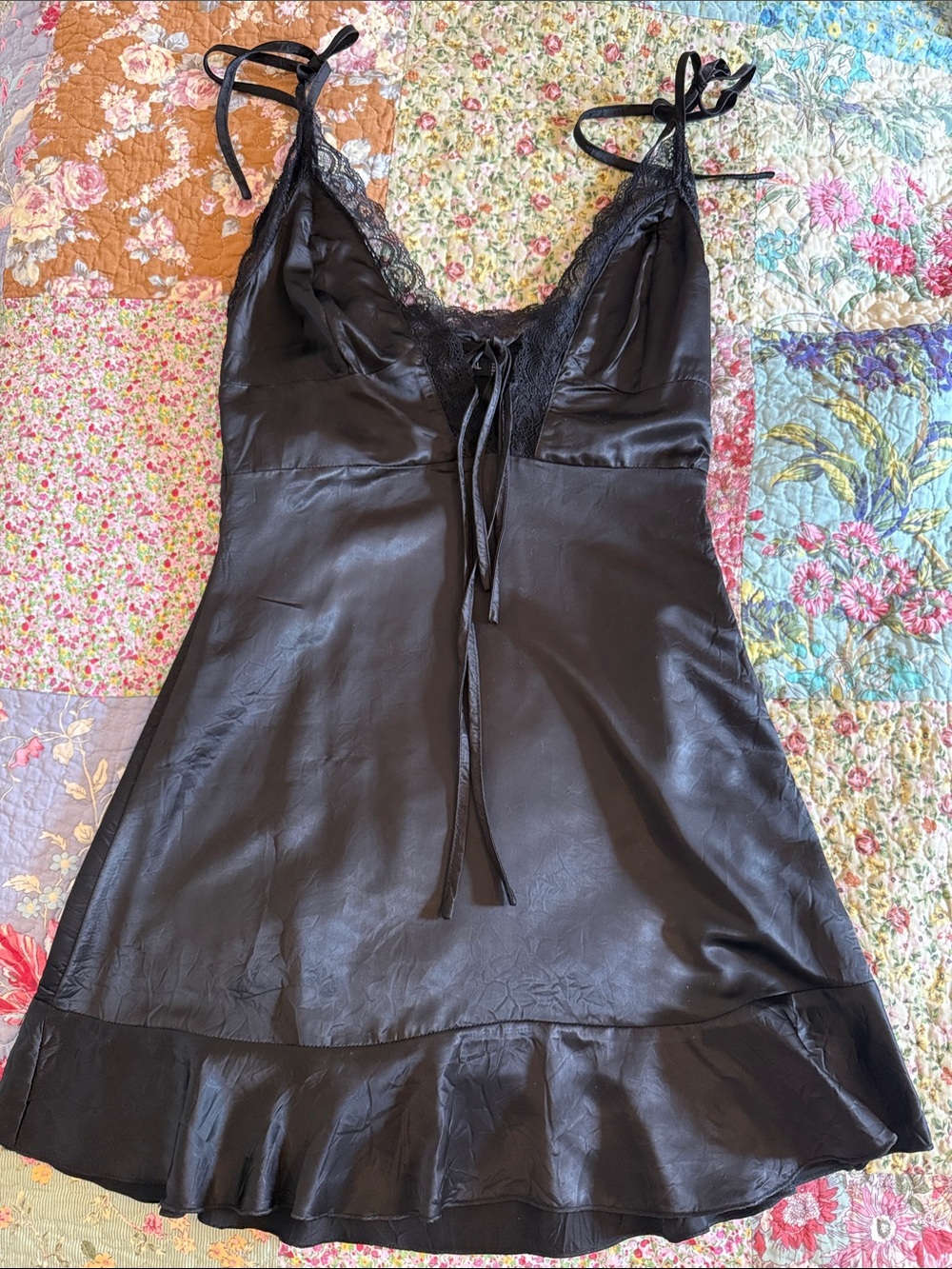 Nasty Gal Black Lace-Trim Satin Dress